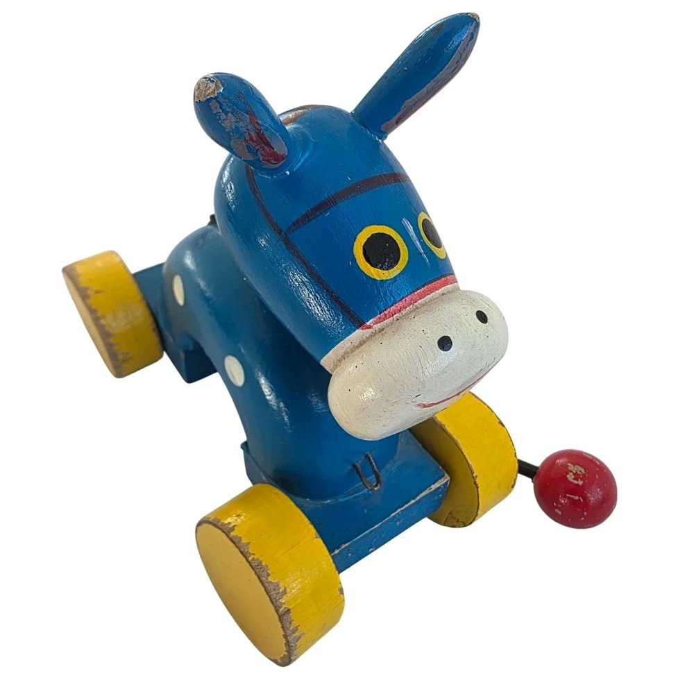 Vintage Wooden Donkey Pull Toy Blue Yellow Wheels Made‎ in Japan